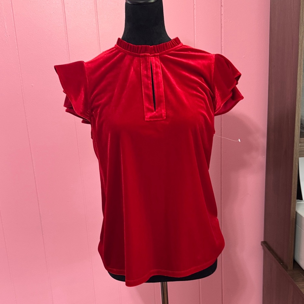 CeCe Red Velvet Flutter-Sleeve Keyhole Top